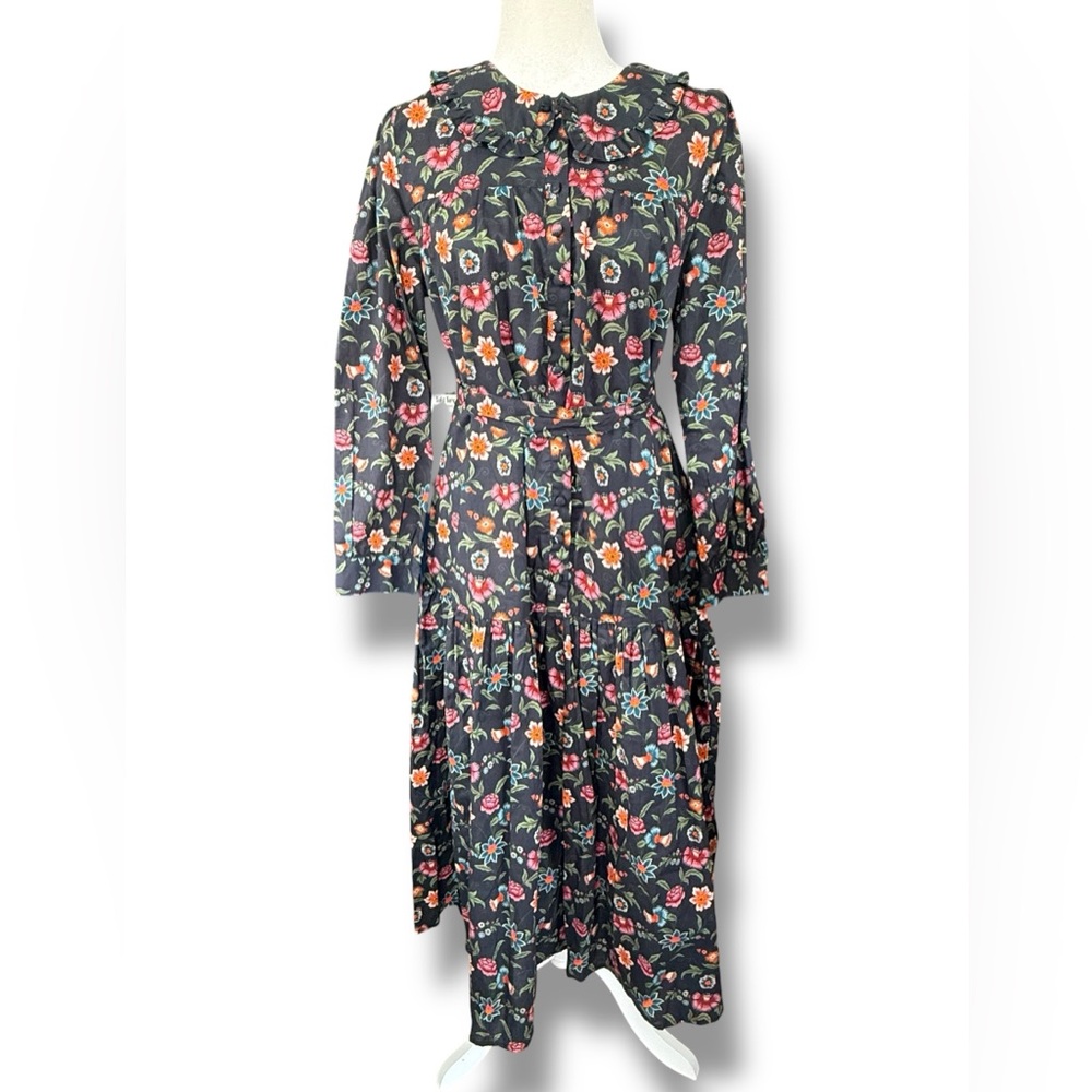 Pink City Prints NWT Nancy Dress‎ Chatsworth Floral Ruffle Collar Cotton Midi L - Picture 2 of 11